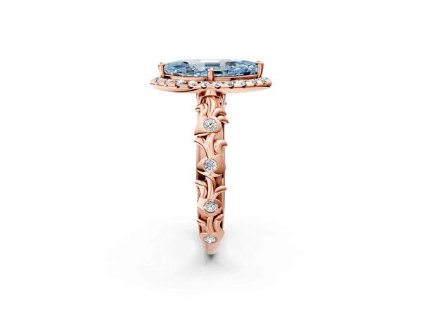 Rose gold Fancy Blue Marquise Cut Halo Diamond Solitaire with Filigree Band and Four-Prong Setting