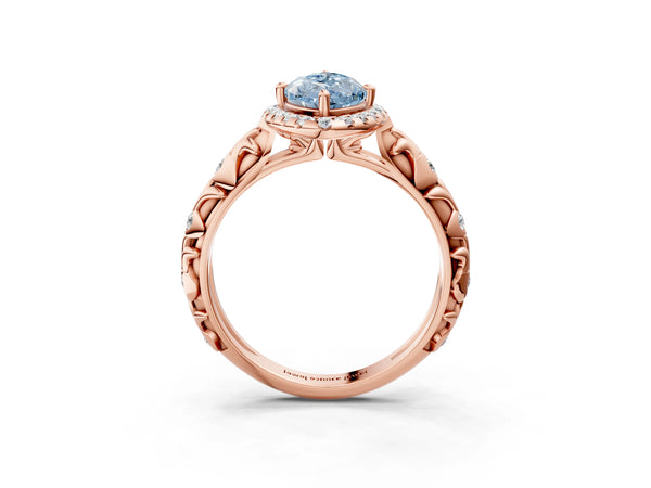 Rose gold Fancy Blue Marquise Cut Halo Diamond Solitaire with Filigree Band and Four-Prong Setting