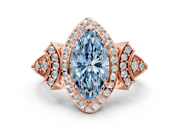 Rose gold Fancy Blue Marquise Cut Halo Diamond Split Shank Engagement Ring with Four-Prong Setting