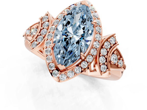 Rose gold Fancy Blue Marquise Cut Halo Diamond Split Shank Engagement Ring with Four-Prong Setting