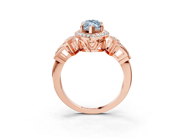 Rose gold Fancy Blue Marquise Cut Halo Diamond Split Shank Engagement Ring with Four-Prong Setting