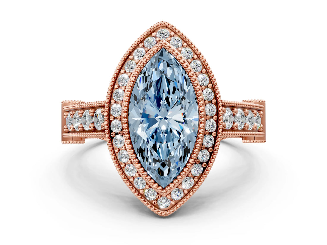 Rose gold Fancy Blue Marquise Cut Halo Diamond Split Shank Pave Ring