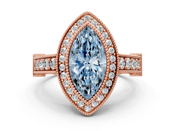 Rose Gold Marquise Vintage Bezel Halo Engagement Ring Setting for Fancy Blue Center
