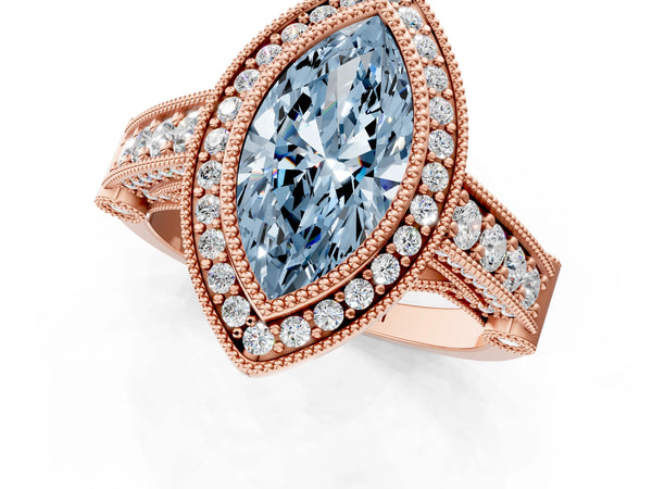 Rose Gold Marquise Vintage Bezel Halo Engagement Ring Setting for Fancy Blue Center