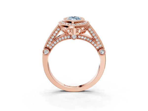 Rose Gold Marquise Vintage Bezel Halo Engagement Ring Setting for Fancy Blue Center