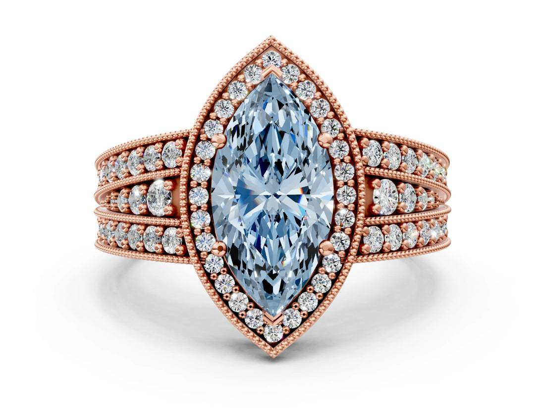 Rose gold Fancy Blue Marquise Cut Halo Diamond Split Shank Ring with Prong Setting