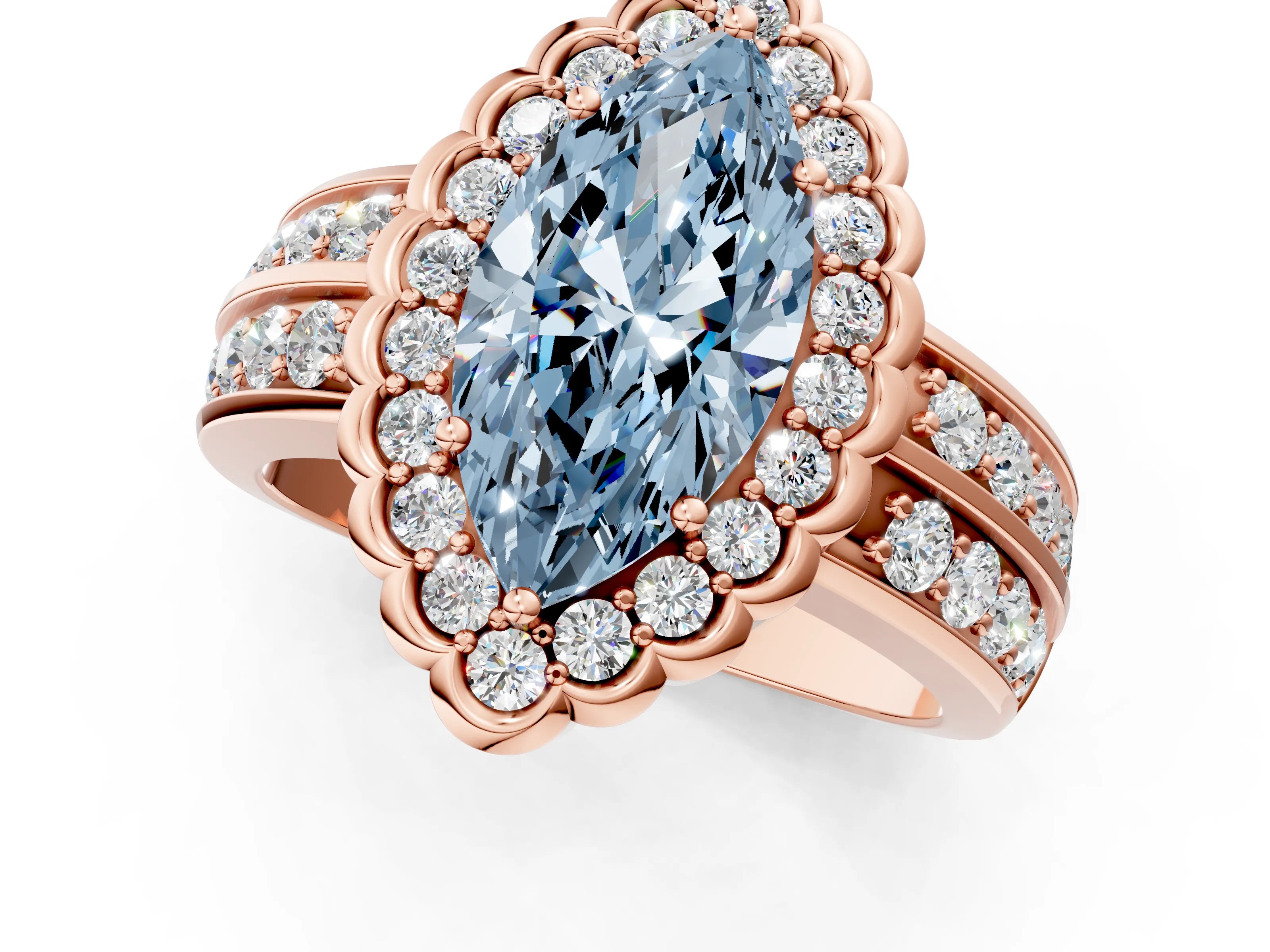 Rose gold Fancy Blue Marquise Cut Halo Diamond Split Shank Ring with Scalloped Prong Setting_1