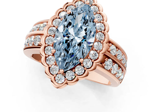 Rose gold Fancy Blue Marquise Cut Halo Diamond Split Shank Ring with Scalloped Prong Setting_1