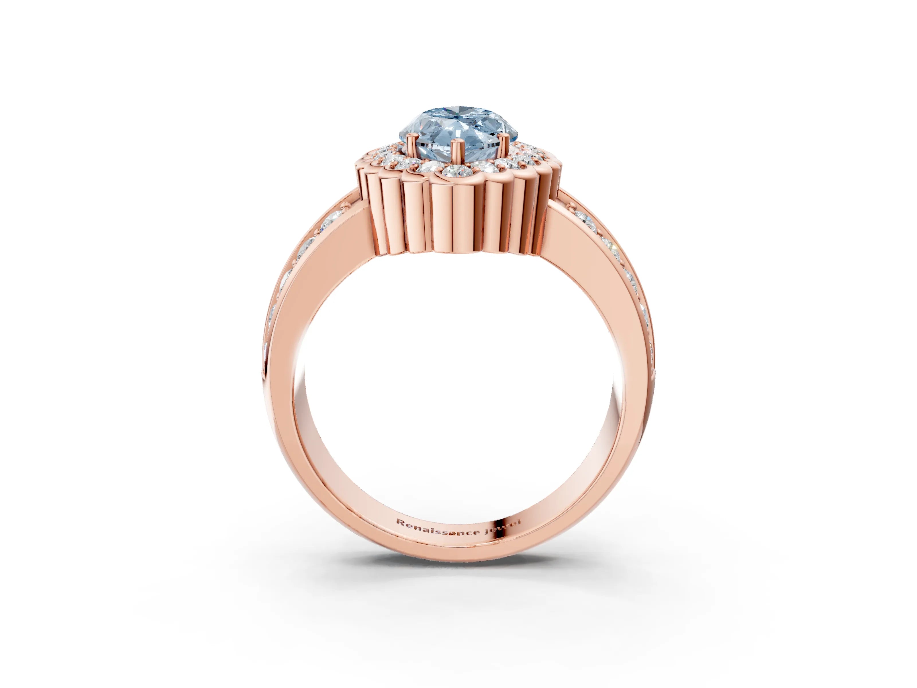 Rose gold Fancy Blue Marquise Cut Halo Diamond Split Shank Ring with Scalloped Prong Setting_3