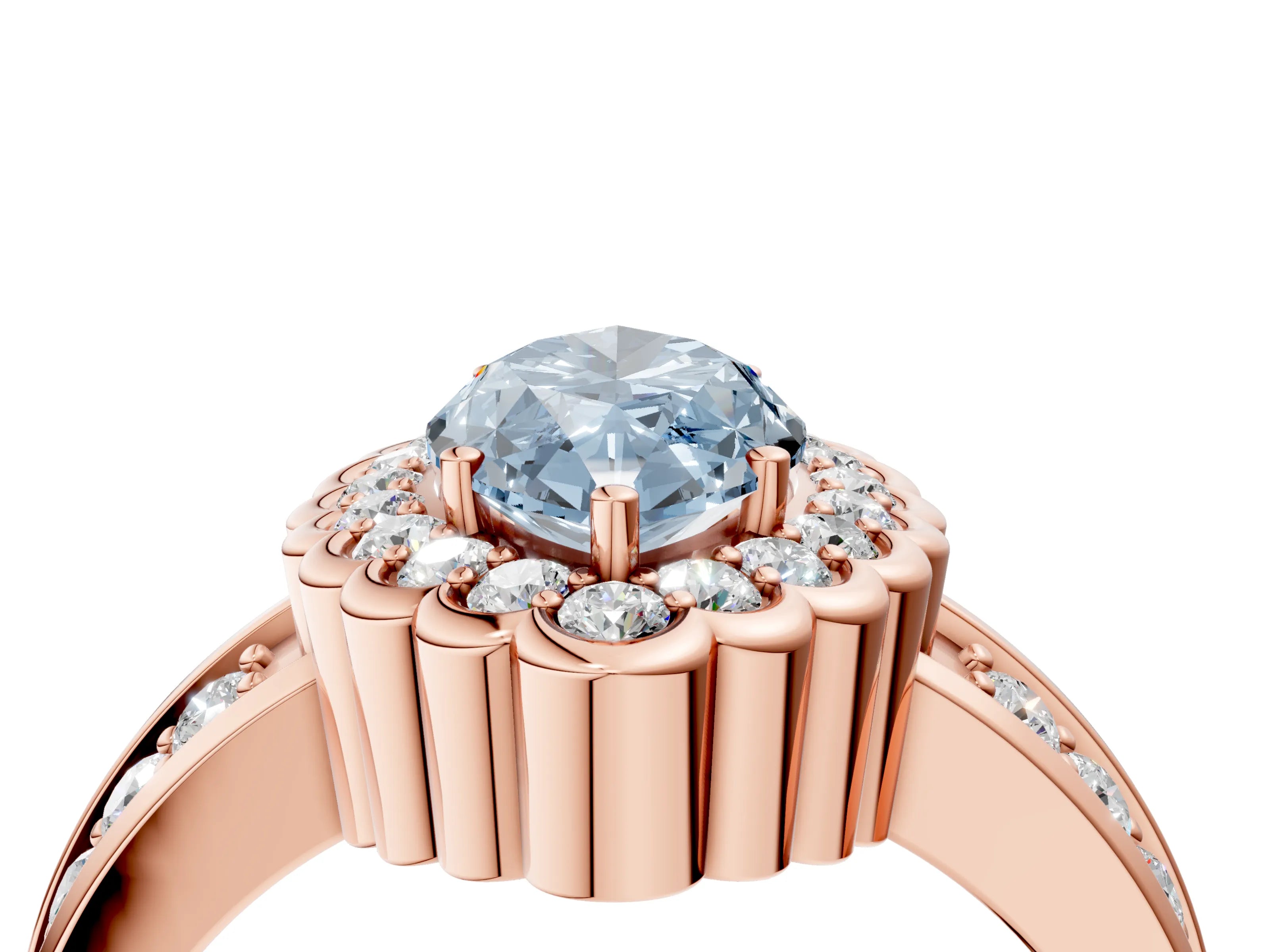 Rose gold Fancy Blue Marquise Cut Halo Diamond Split Shank Ring with Scalloped Prong Setting_4