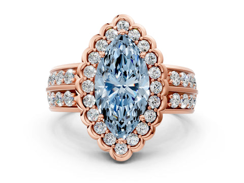 Rose gold Fancy Blue Marquise Cut Halo Diamond Split Shank Ring with Scalloped Prong Setting