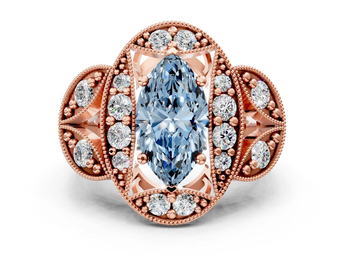 Rose gold Fancy Blue Marquise Cut Halo Milgrain Diamond Engagement Ring with Leaf Band and Four-Prong Setting
