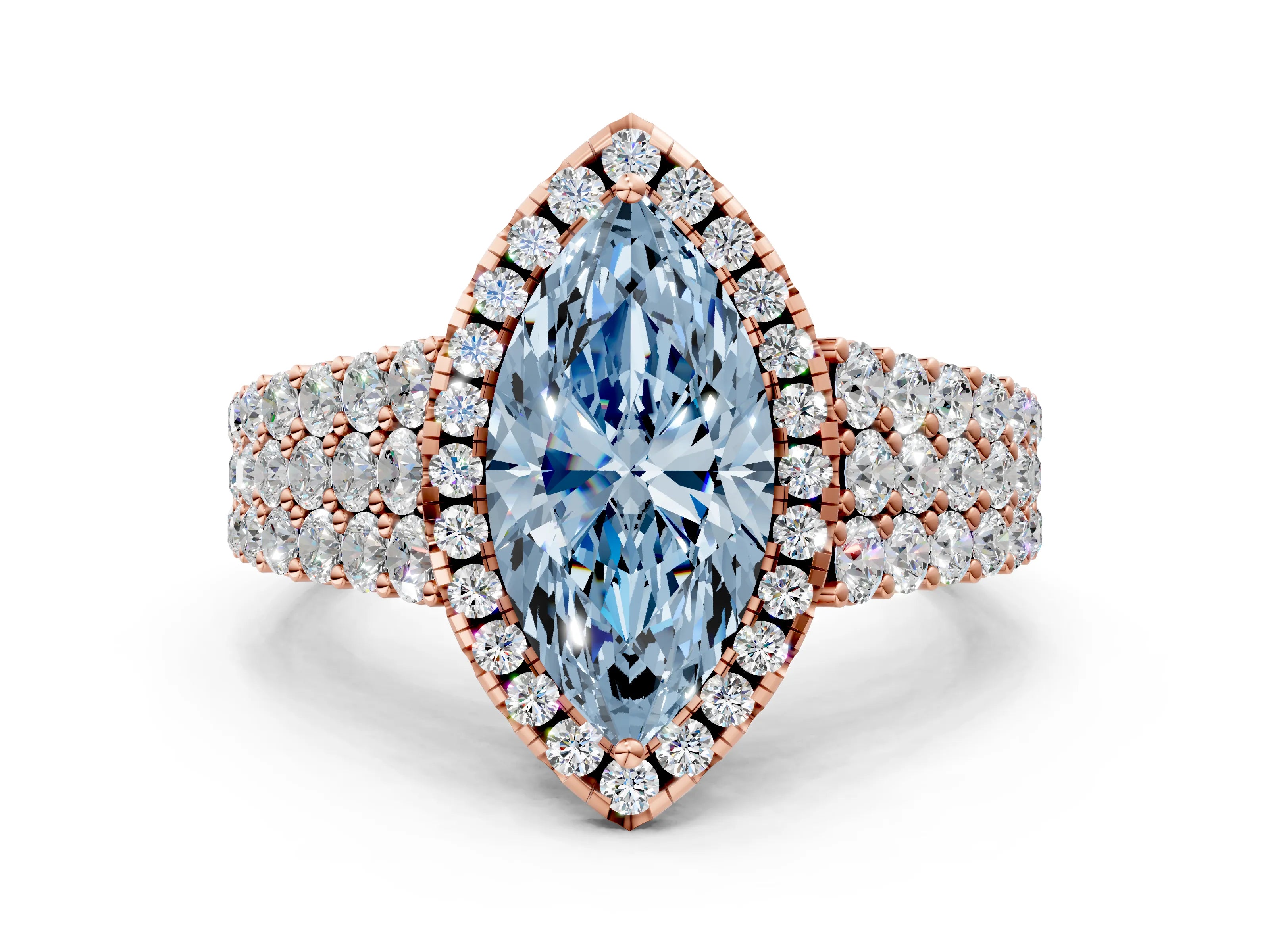 Rose gold Fancy Blue Marquise Cut Halo Pavé Diamond Engagement Ring with Split Shank and Four-Prong Setting_3