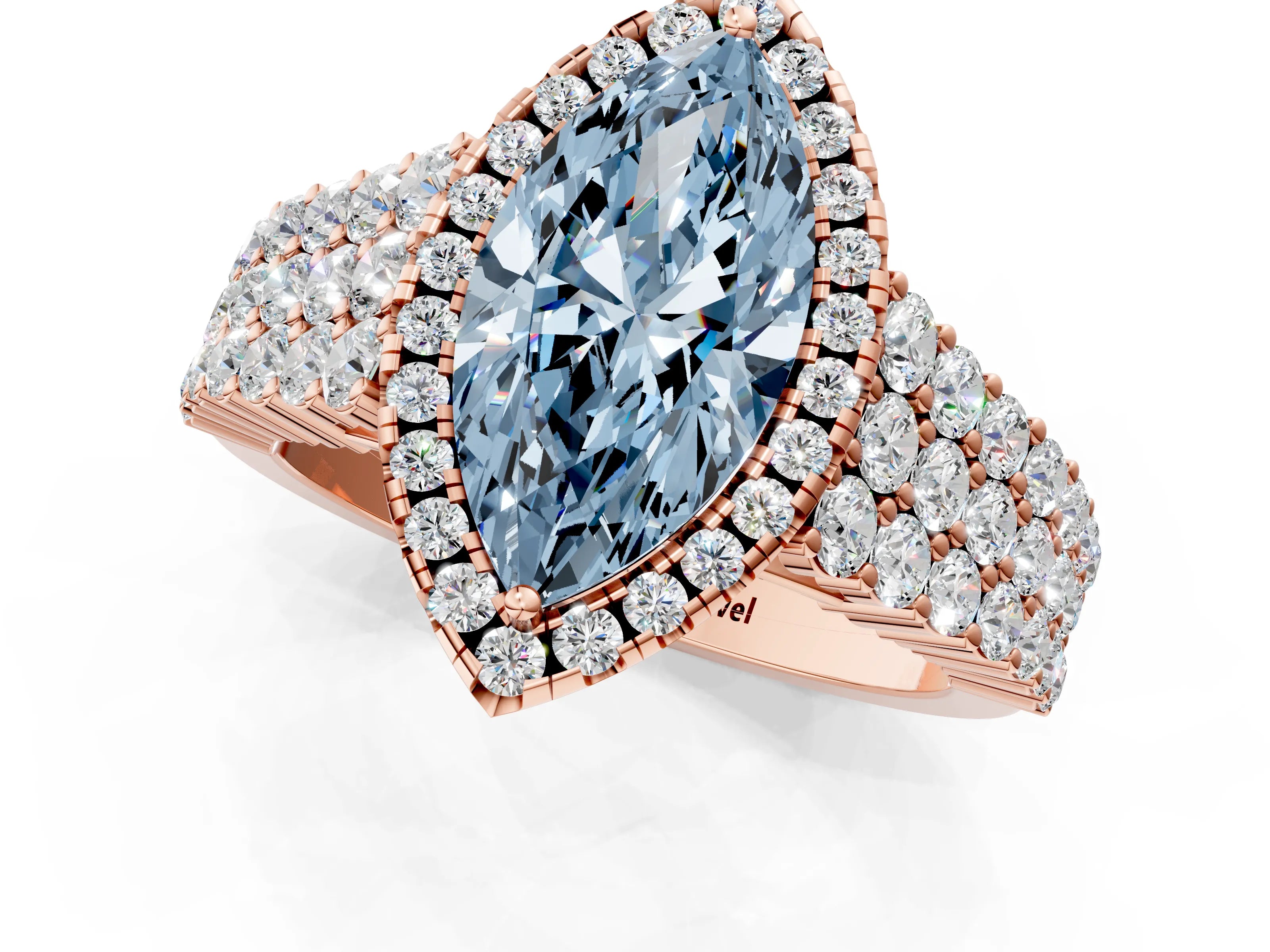 Rose gold Fancy Blue Marquise Cut Halo Pavé Diamond Engagement Ring with Split Shank and Four-Prong Setting_4