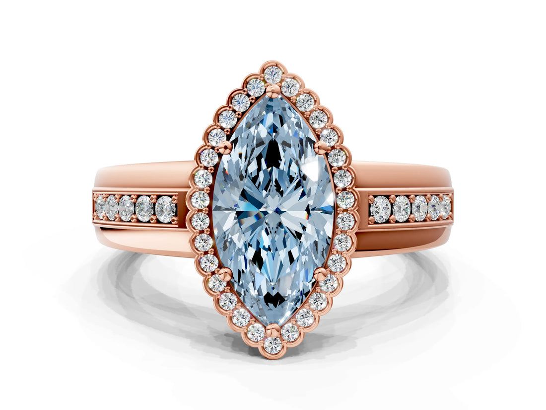 Rose gold Fancy Blue Marquise  Cut Halo Pave Band Four-Prong Ring_48