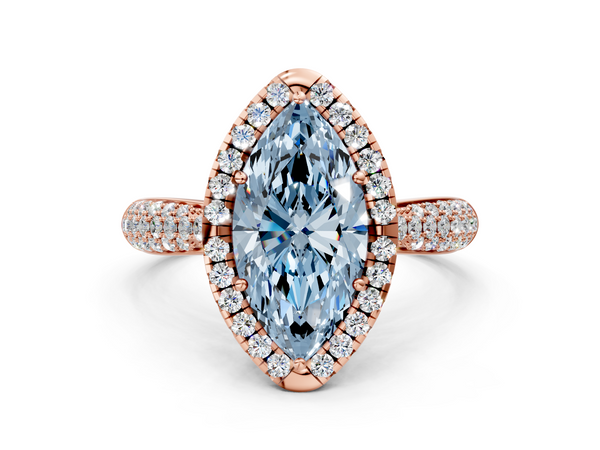 Rose gold Fancy Blue Marquise  Cut Halo Pave Band Four-Prong Setting Ring