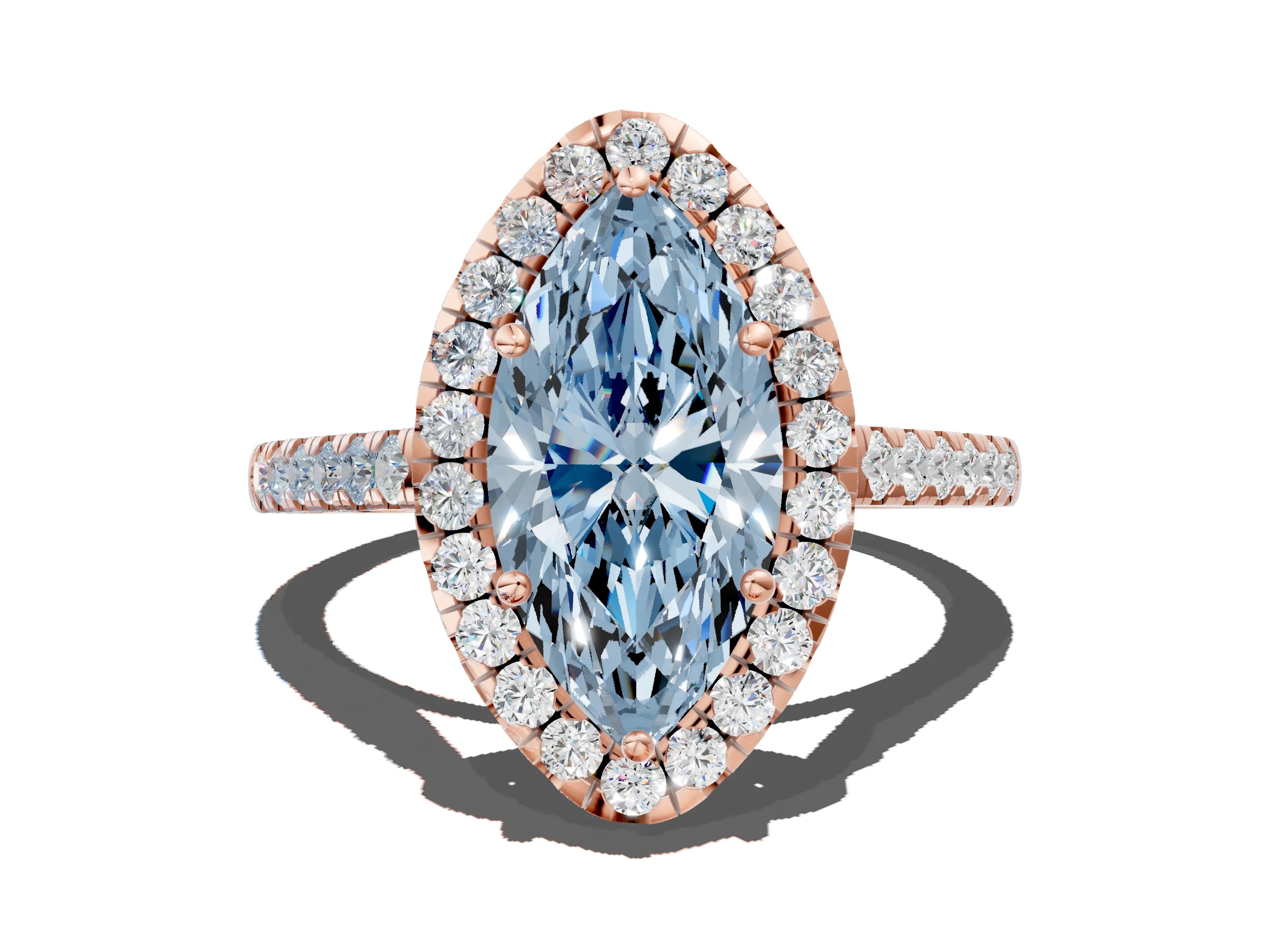 Rose gold Fancy Blue Marquise Cut Halo Pave Diamond Engagement Ring with Four-Prong Setting