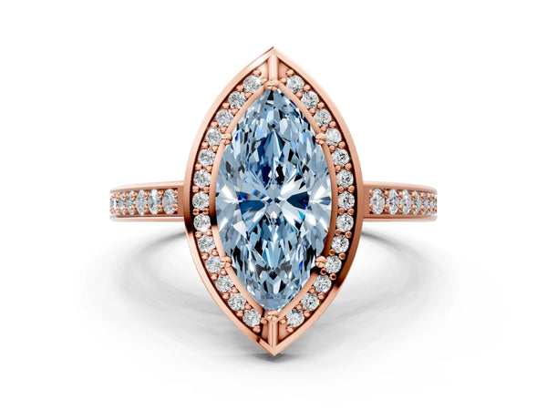 Rose gold Fancy Blue Marquise  Cut Halo Pave Split Shank Prong Setting Ring