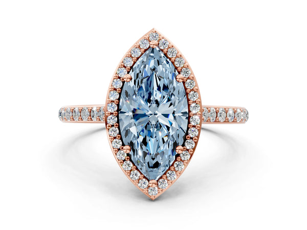 Rose gold Fancy Blue Marquise Cut Halo Round Diamond Pavé Band with Four-Prong Setting