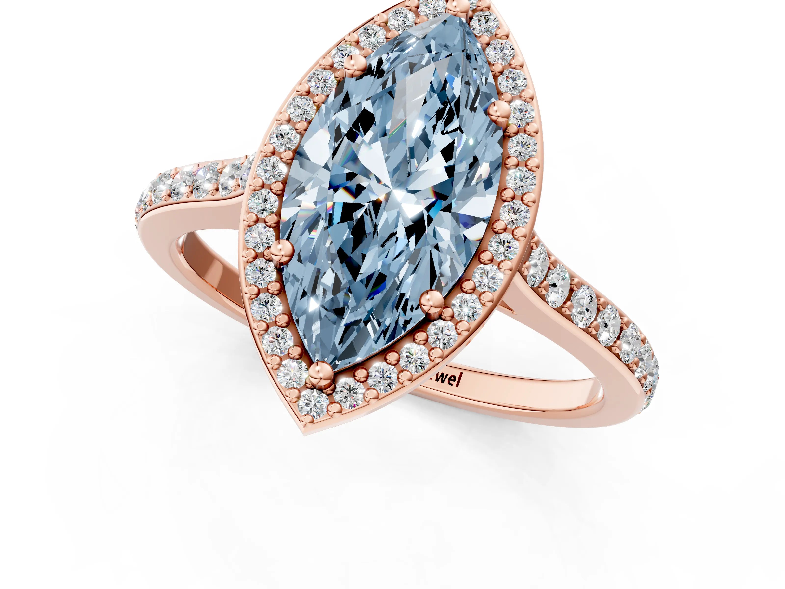 Rose gold Fancy Blue Marquise Cut Halo Round Diamond Pavé Band with Four-Prong Setting_4