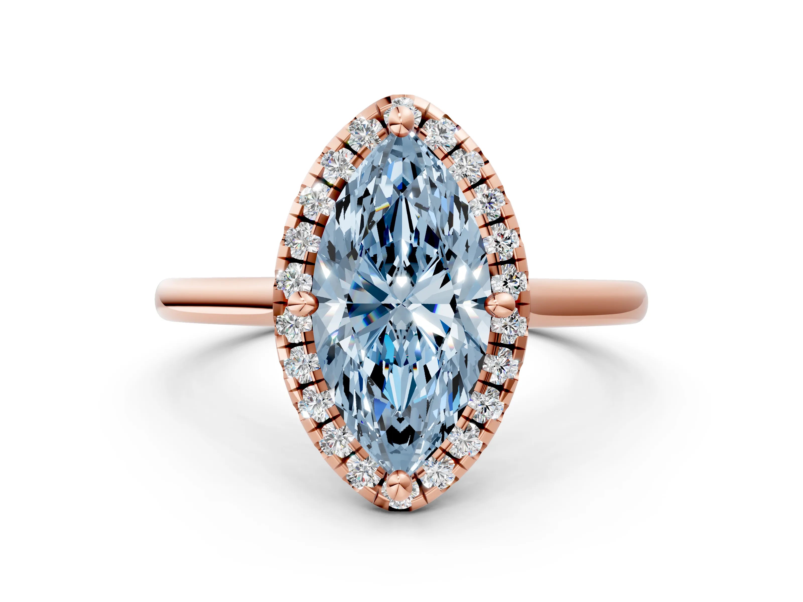 Rose gold Fancy Blue Marquise Cut Halo Round Diamond Solitaire Engagement Ring with Pave Band and Four-Prong Setting_12