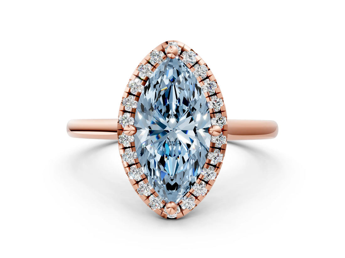 Rose gold Fancy Blue Marquise Cut Halo Round Diamond Solitaire Engagement Ring with Pave Band and Four-Prong Setting_12