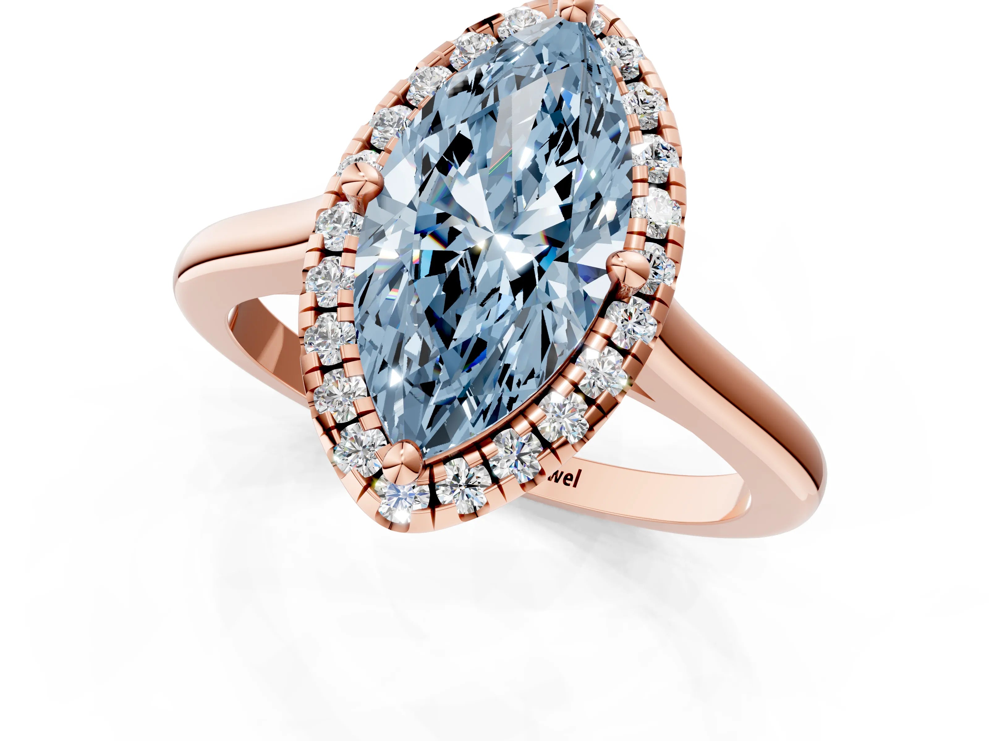 Rose gold Fancy Blue Marquise Cut Halo Round Diamond Solitaire Engagement Ring with Pave Band and Four-Prong Setting_13