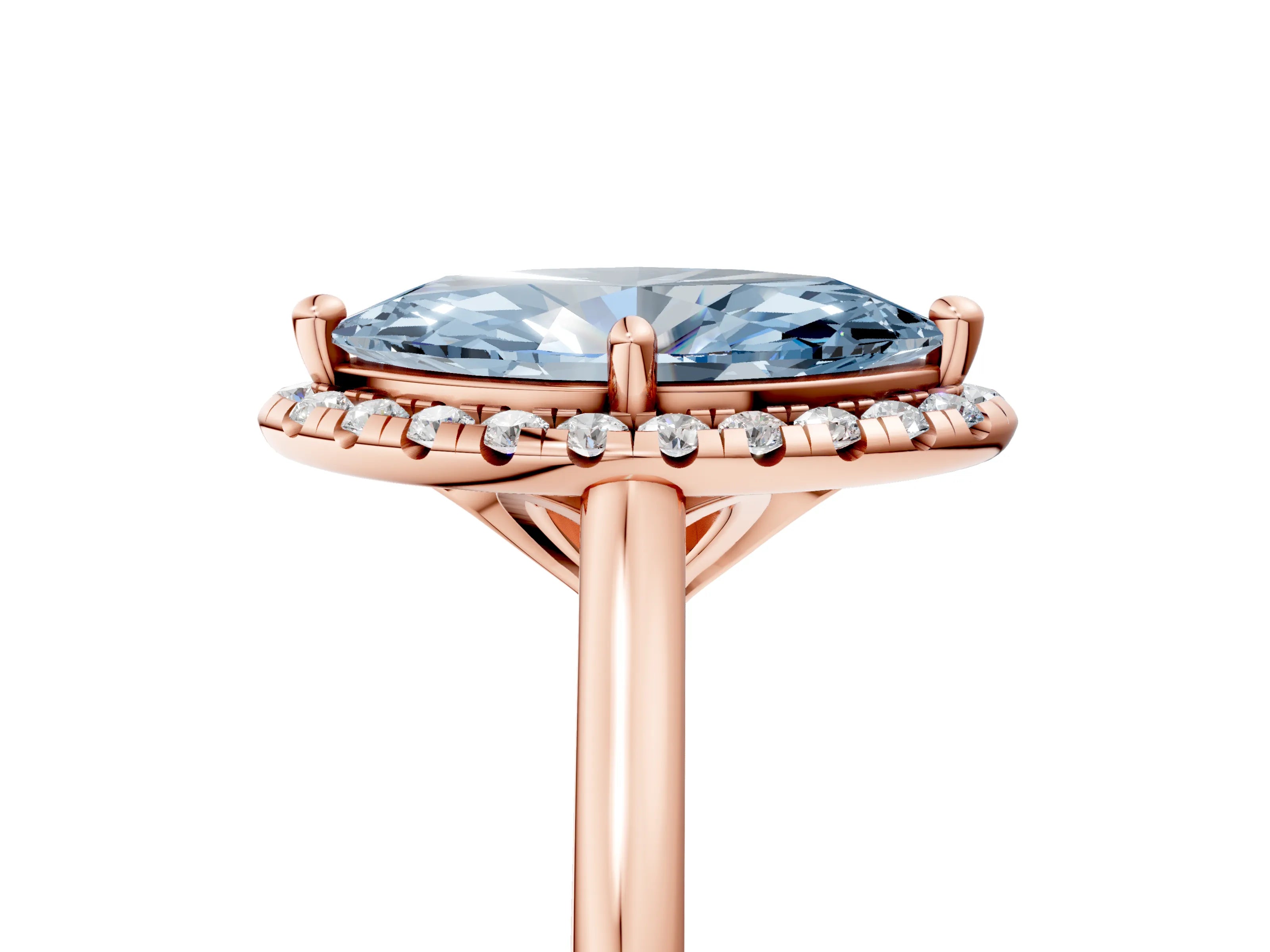Rose gold Fancy Blue Marquise Cut Halo Round Diamond Solitaire Engagement Ring with Pave Band and Four-Prong Setting_17