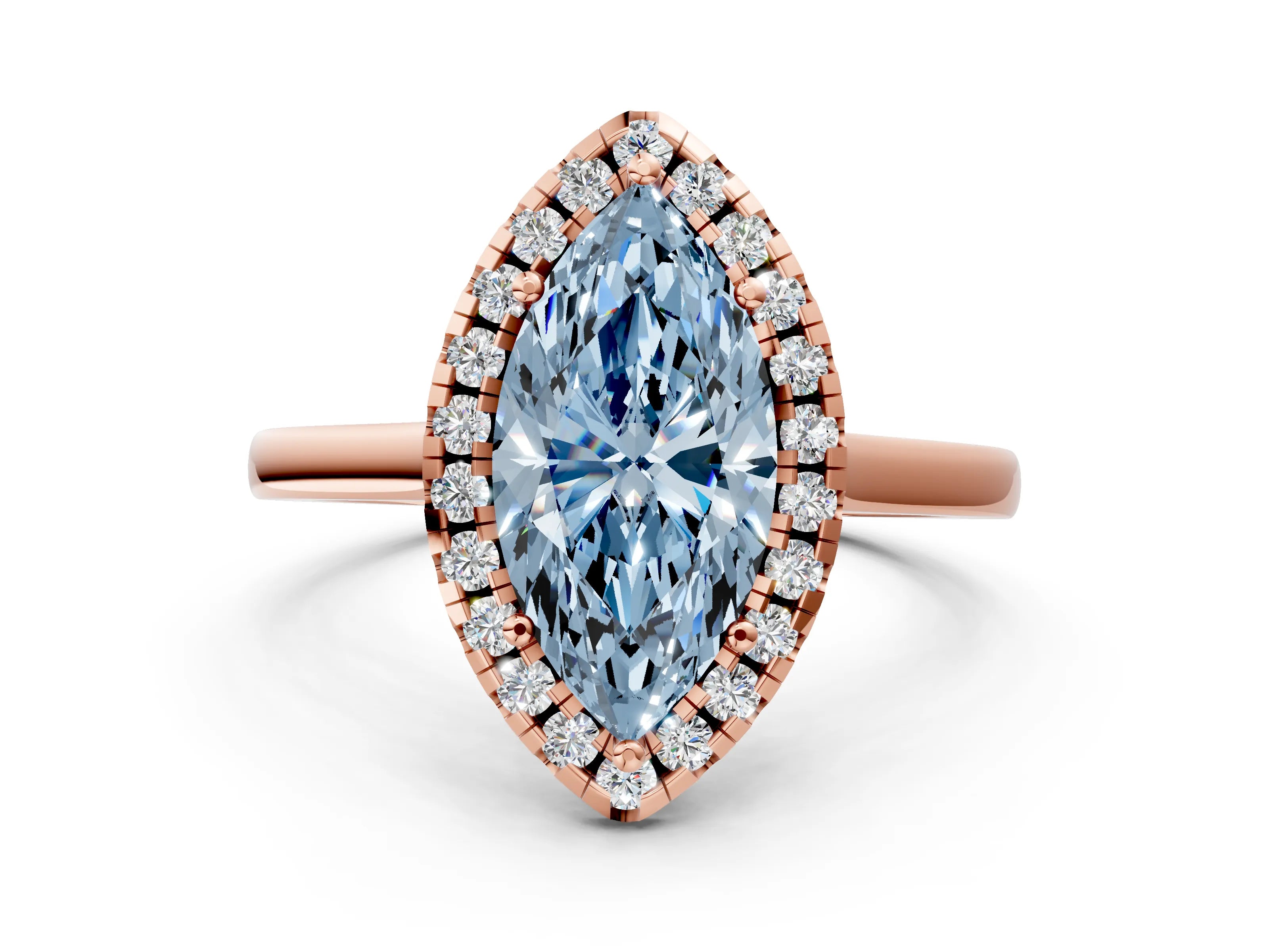 Rose gold Fancy Blue Marquise Cut Halo Round Diamond Solitaire Ring with Pavé Band and Four-Prong Setting