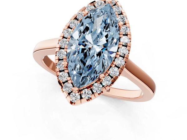 Rose gold Fancy Blue Marquise Cut Halo Round Diamond Solitaire Ring with Pavé Band and Four-Prong Setting