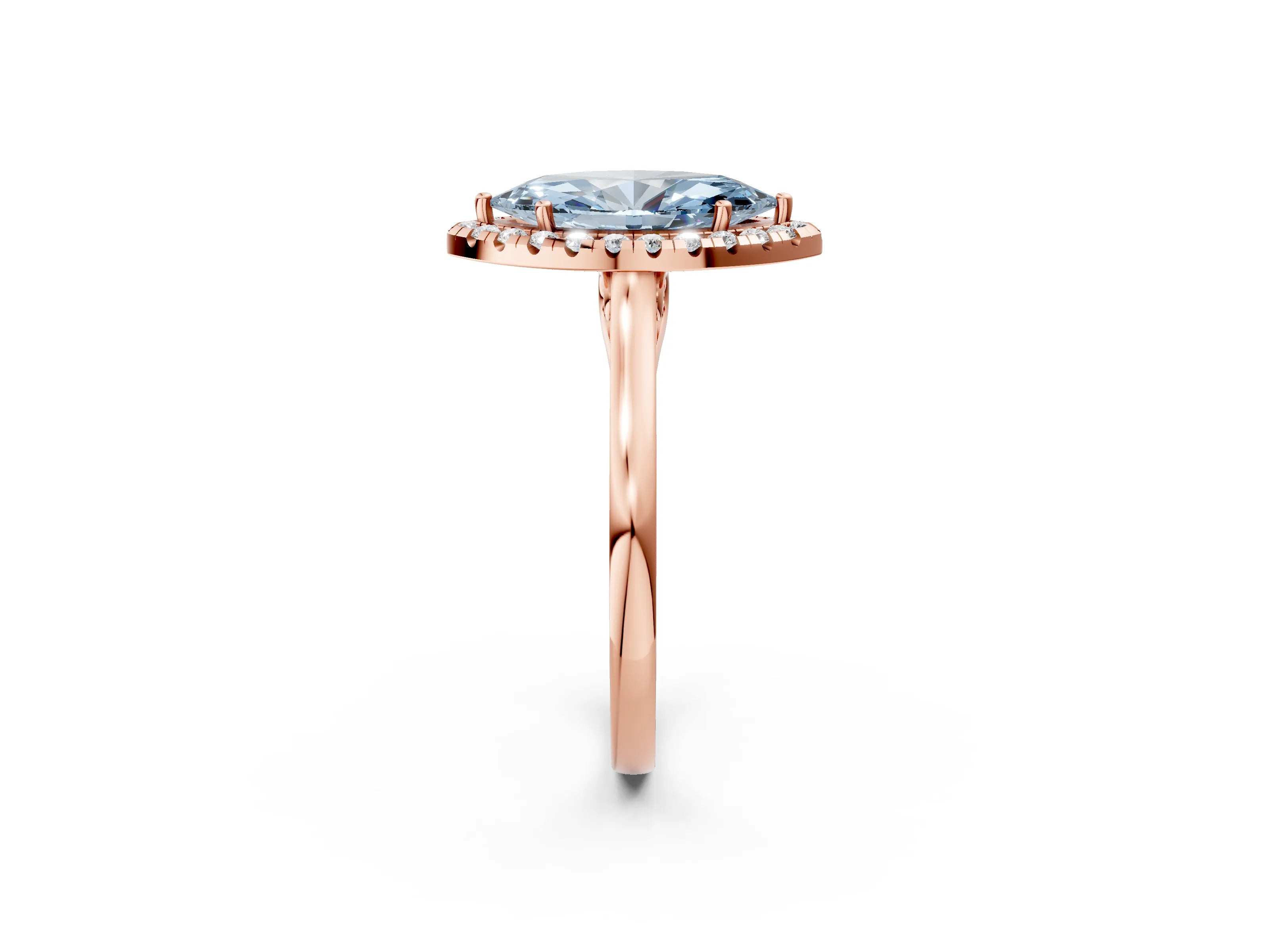 Rose gold Fancy Blue Marquise Cut Halo Round Diamond Solitaire Ring with Pavé Band and Four-Prong Setting_2
