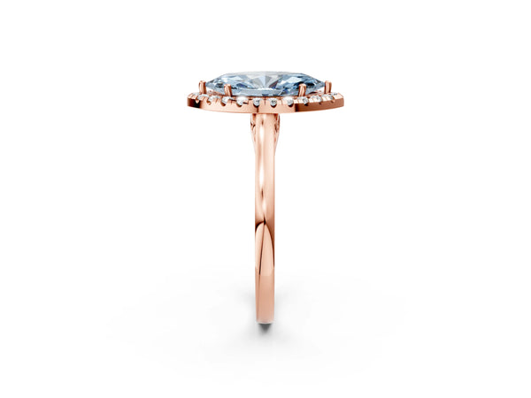 Rose gold Fancy Blue Marquise Cut Halo Round Diamond Solitaire Ring with Pavé Band and Four-Prong Setting