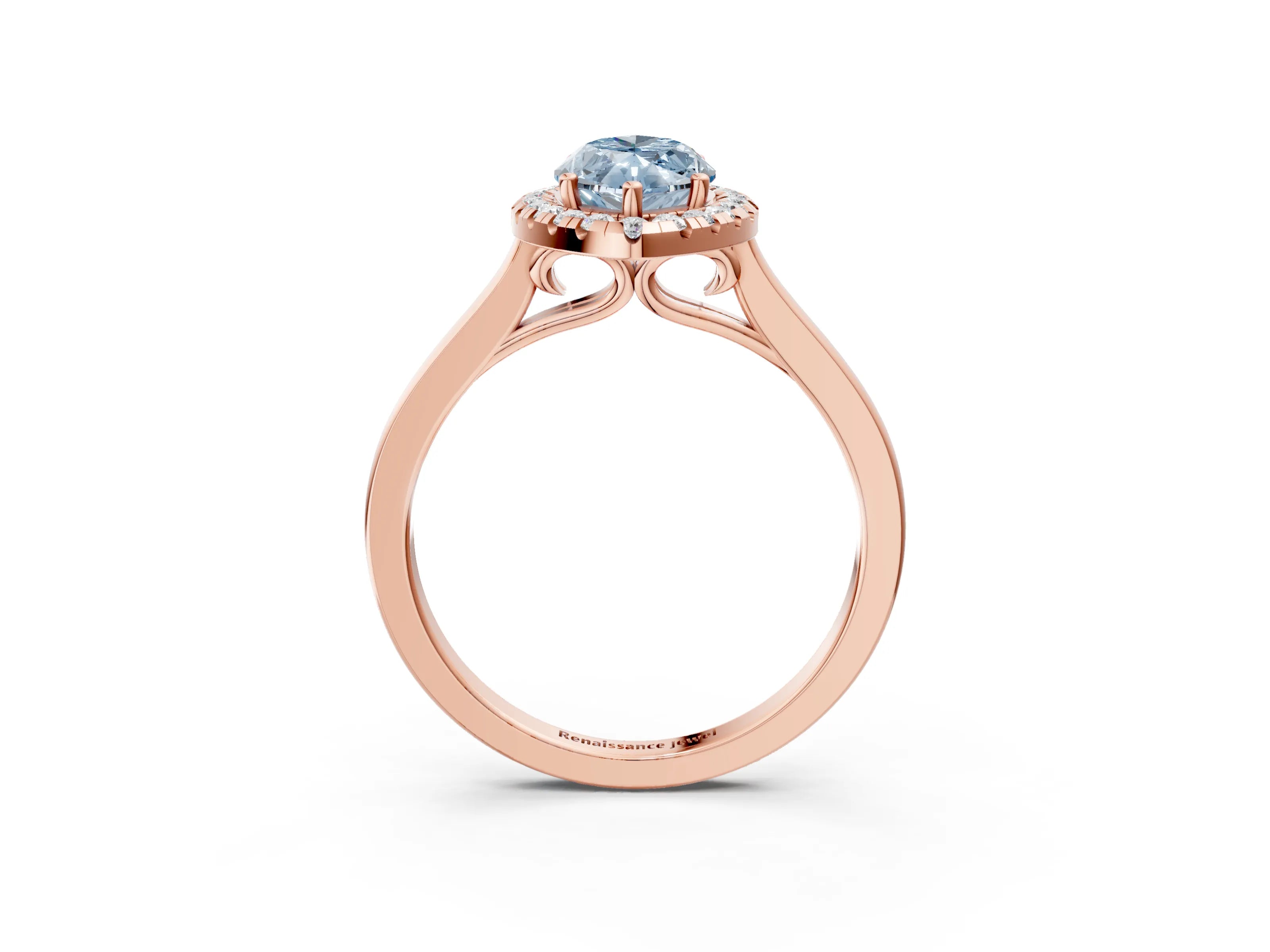 Rose gold Fancy Blue Marquise Cut Halo Round Diamond Solitaire Ring with Pavé Band and Four-Prong Setting_3