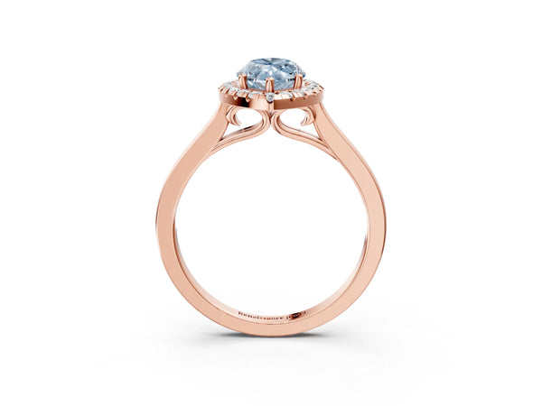 Rose gold Fancy Blue Marquise Cut Halo Round Diamond Solitaire Ring with Pavé Band and Four-Prong Setting