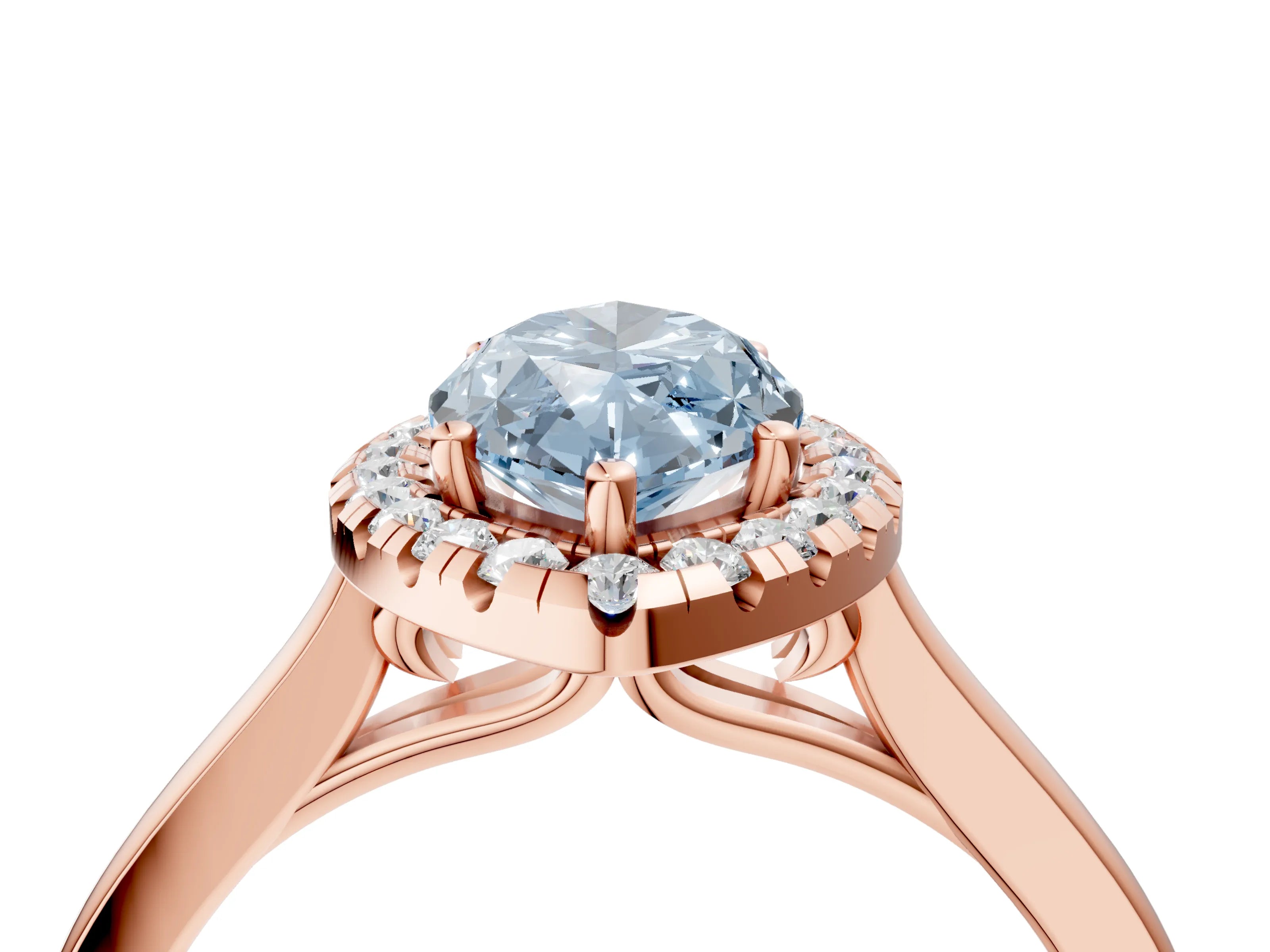 Rose gold Fancy Blue Marquise Cut Halo Round Diamond Solitaire Ring with Pavé Band and Four-Prong Setting_4