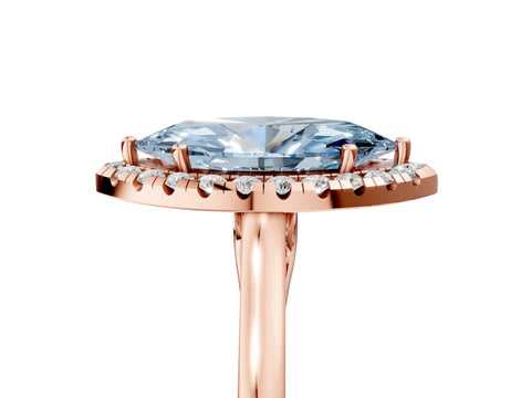 Rose gold Fancy Blue Marquise Cut Halo Round Diamond Solitaire Ring with Pavé Band and Four-Prong Setting_5