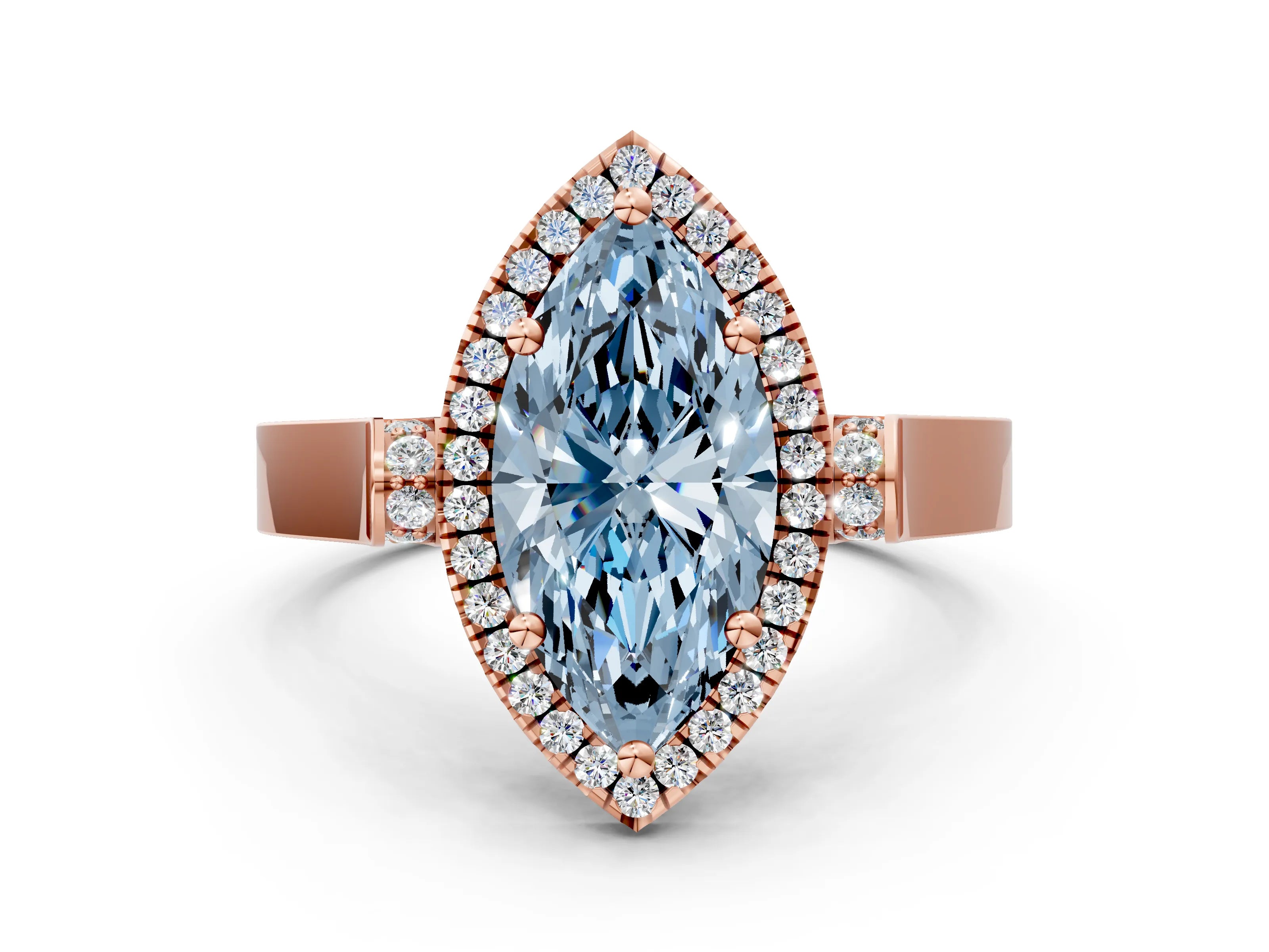 Rose gold Fancy Blue Marquise Cut Halo Round Diamond Twist Band with Four-Prong Setting