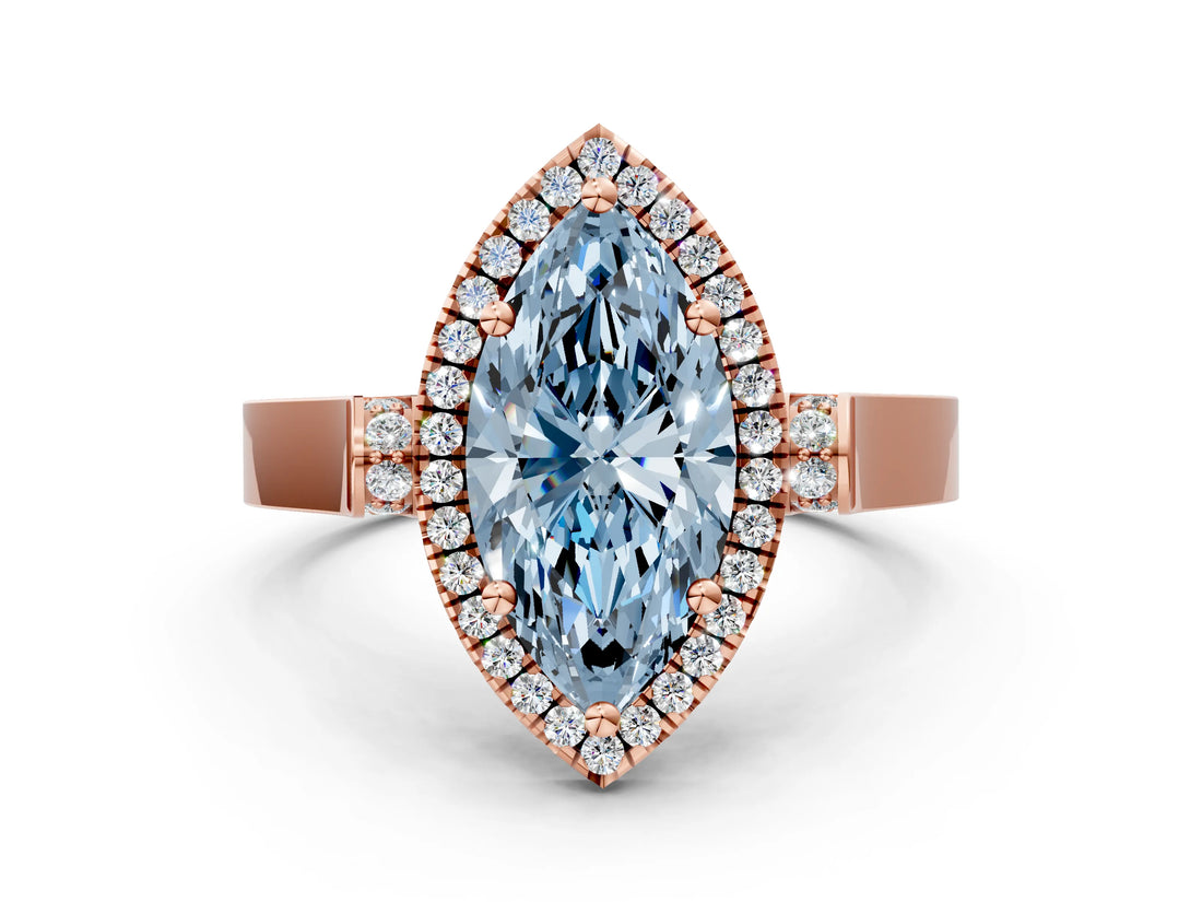 Rose gold Fancy Blue Marquise Cut Halo Round Diamond Twist Band with Four-Prong Setting