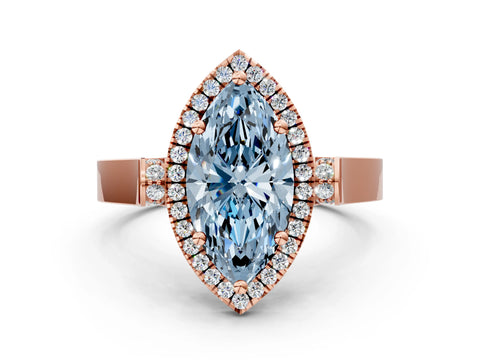 Rose gold Fancy Blue Marquise Cut Halo Round Diamond Twist Band with Four-Prong Setting