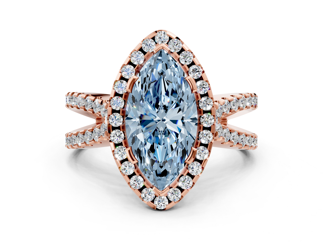 Rose gold Fancy Blue Marquise  Cut Halo Split Shank Pave Set Ring_61