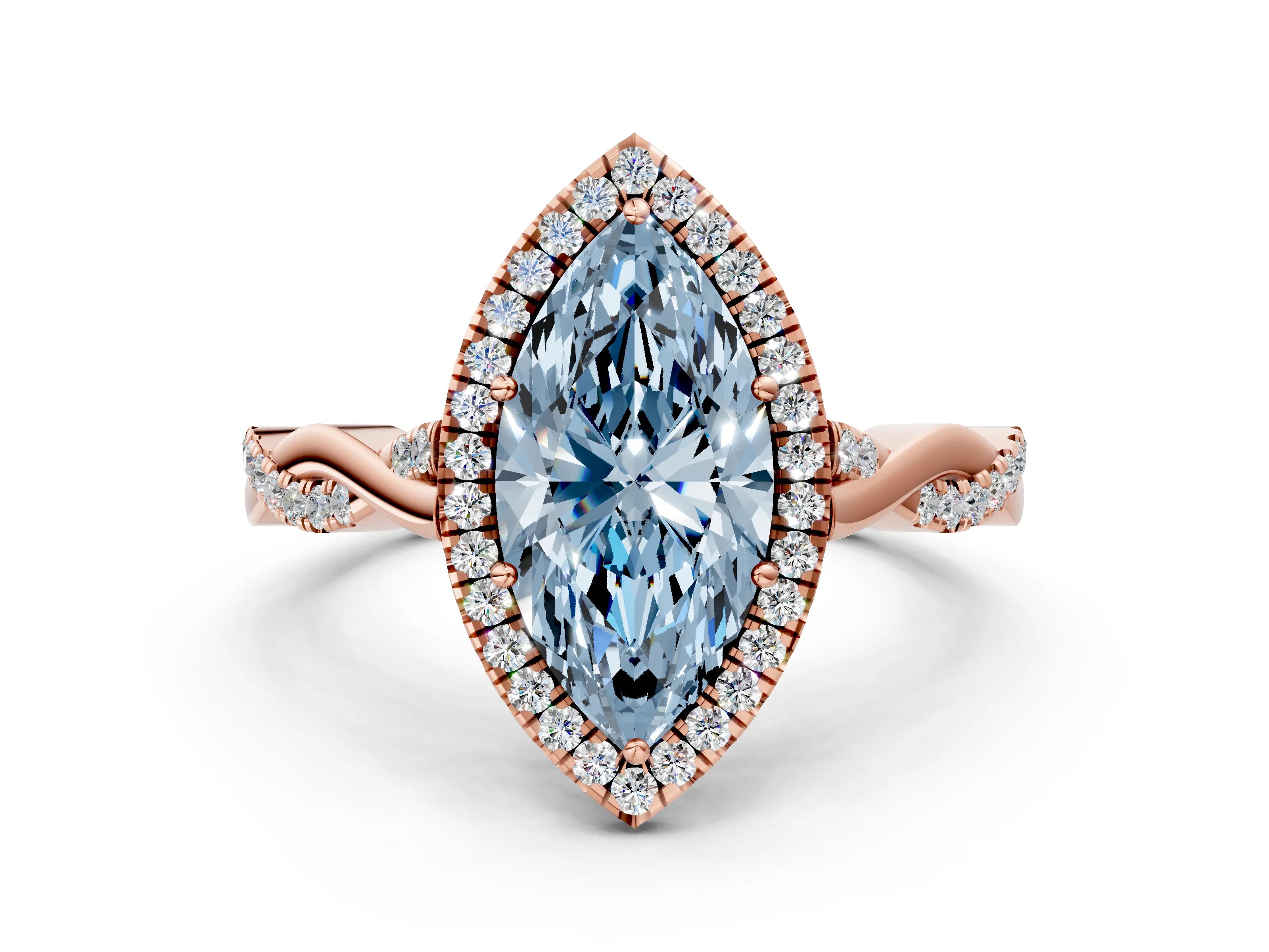 Rose gold Fancy Blue Marquise Cut Halo Twist Band with Four-Prong Setting