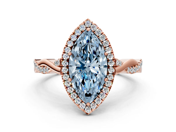 Rose gold Fancy Blue Marquise Cut Halo Twist Band with Four-Prong Setting