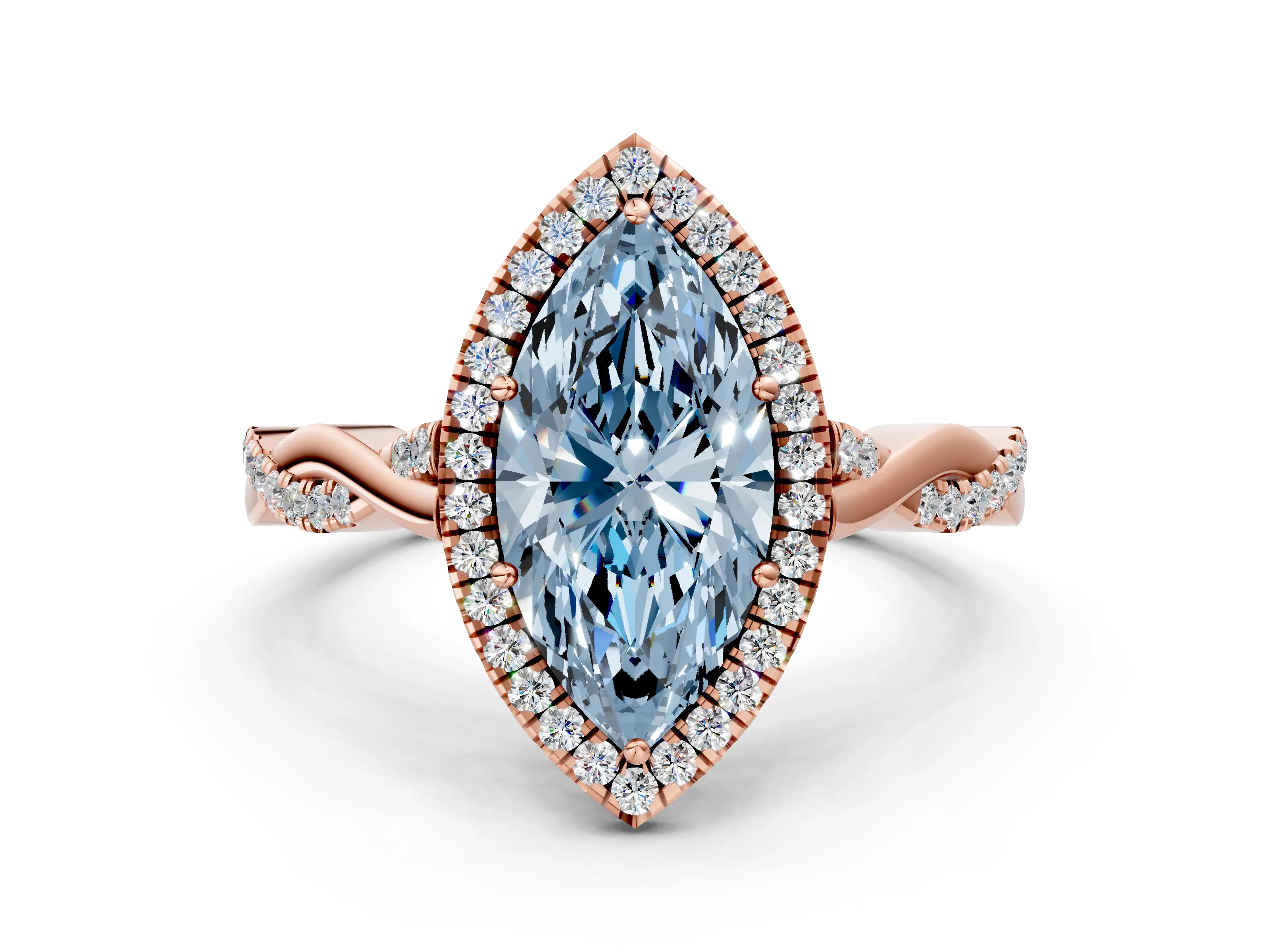 Rose gold Fancy Blue Marquise Cut Halo Twist Band with Four-Prong Setting_12