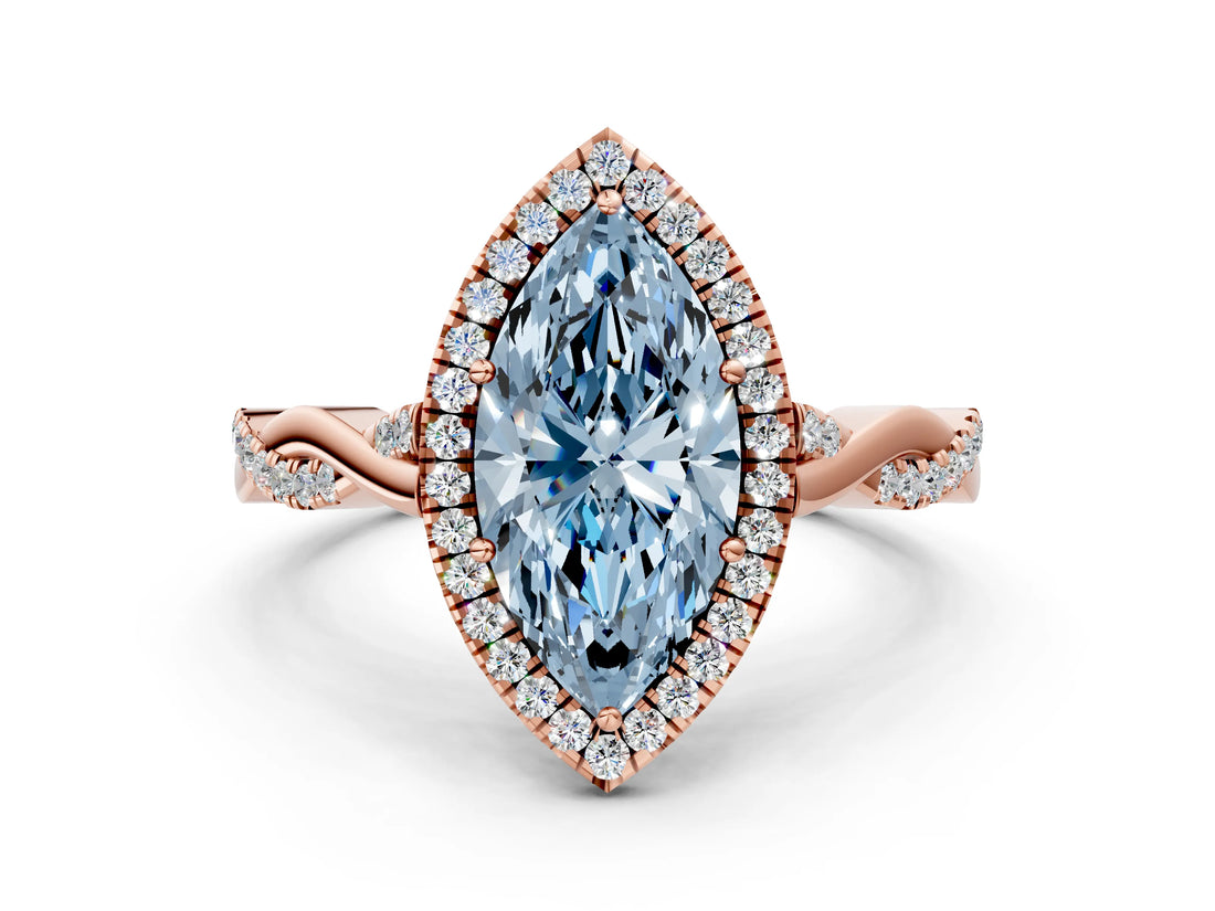 Rose gold Fancy Blue Marquise Cut Halo Twist Band with Four-Prong Setting_12