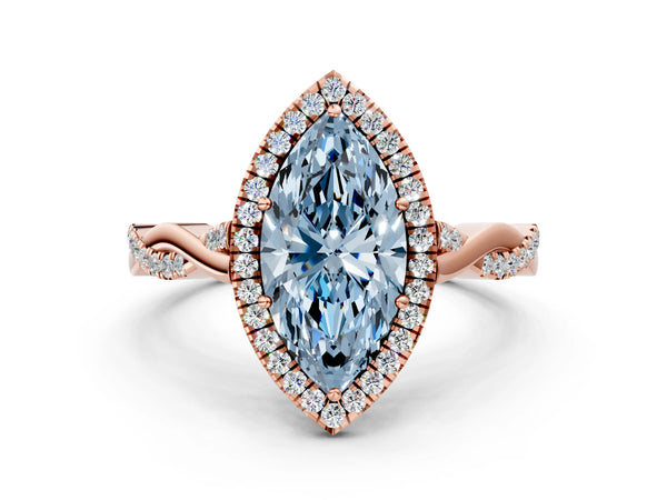 Rose gold Fancy Blue Marquise Cut Halo Twist Band with Four-Prong Setting