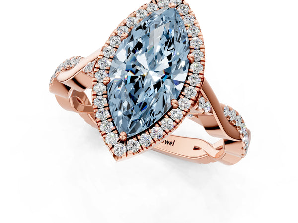 Rose gold Fancy Blue Marquise Cut Halo Twist Band with Four-Prong Setting