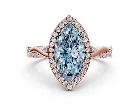 Rose gold Fancy Blue Marquise Cut Halo Twist Band with Four-Prong Setting