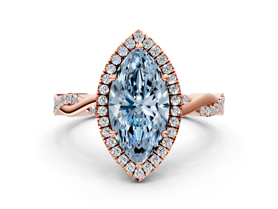 Rose gold Fancy Blue Marquise  Cut Halo Twisted Band Four-Prong Ring_20