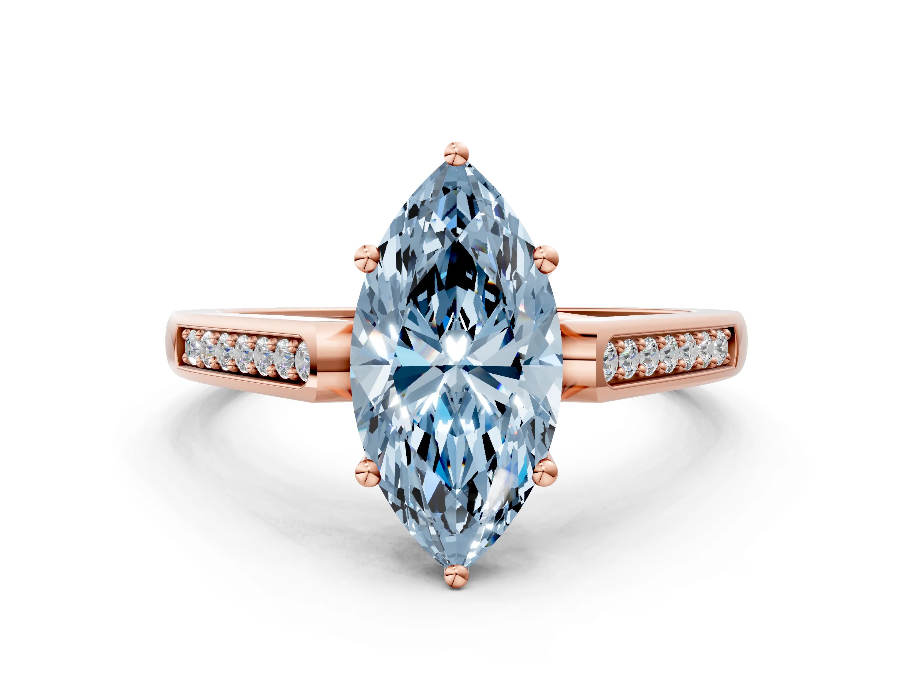 Rose gold Fancy Blue Marquise Cut Solitaire Cathedral Diamond Engagement Ring with Channel-Set Band and Four-Prong Setting_3