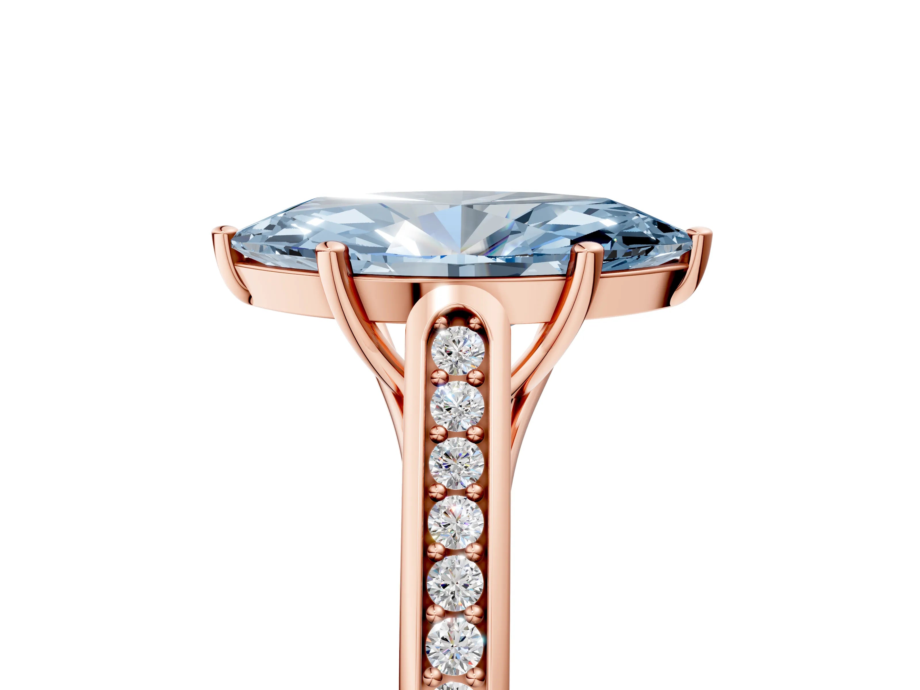 Rose gold Fancy Blue Marquise Cut Solitaire Cathedral Diamond Engagement Ring with Channel-Set Band and Four-Prong Setting_8